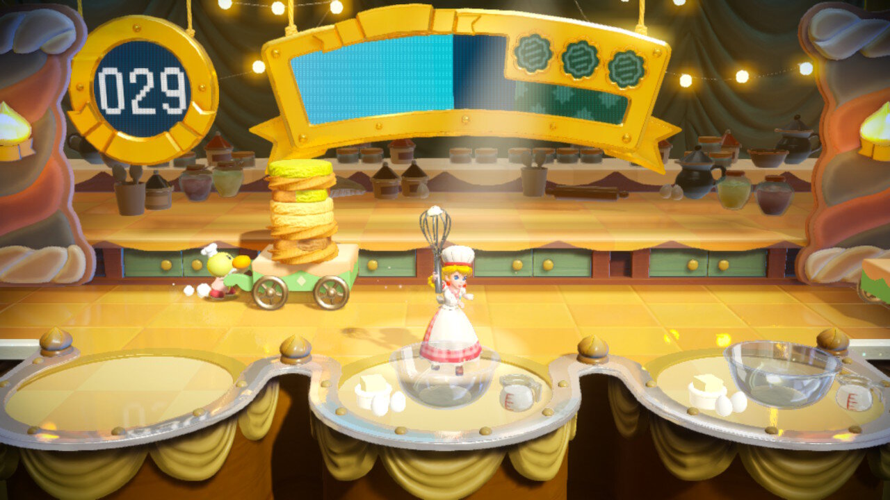 Princess Peach as Baker Peach taking part in the cookie baking mini-game